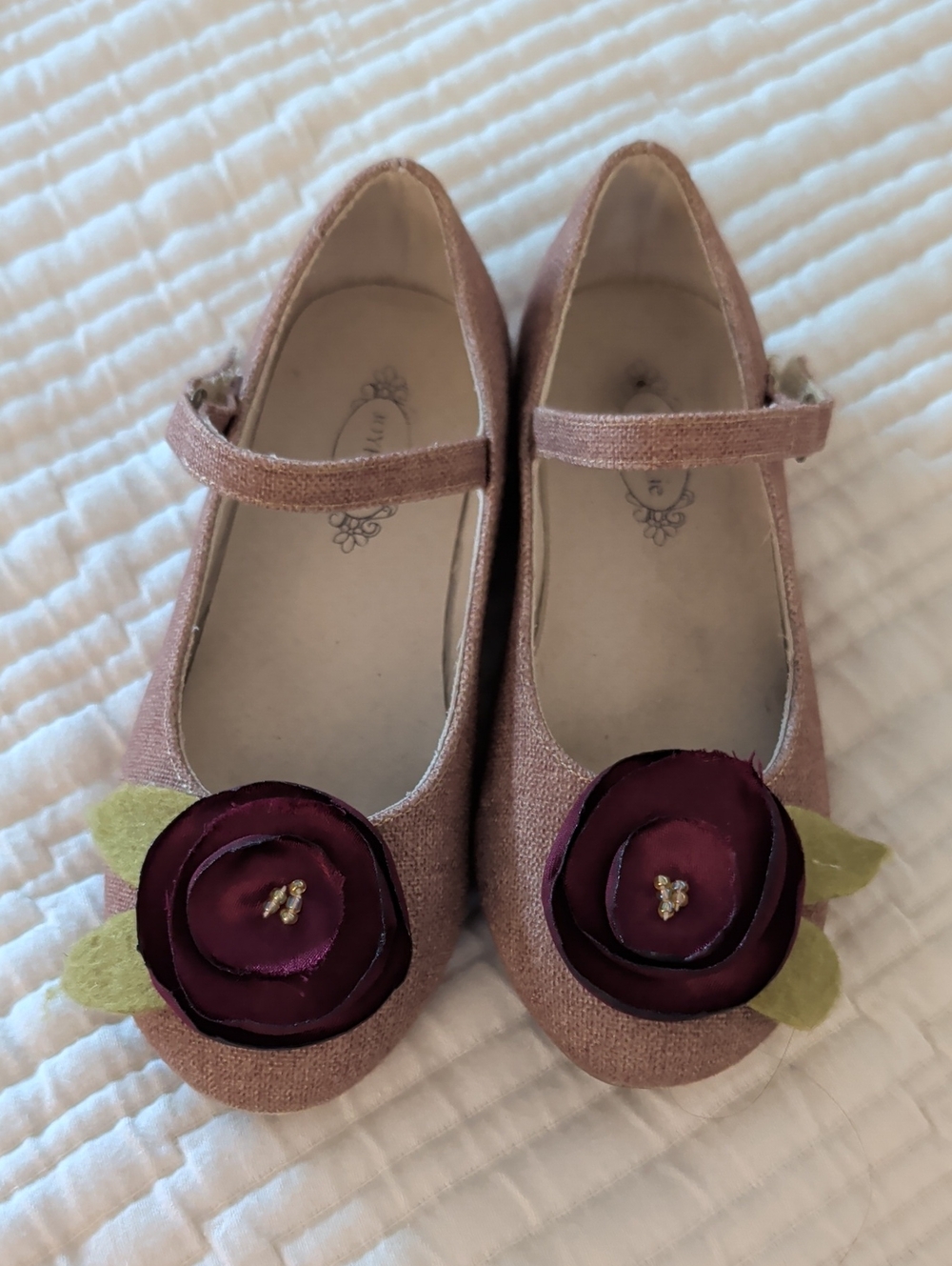 Joyfolie Rose Gold Mary Janes with Burgundy Flower